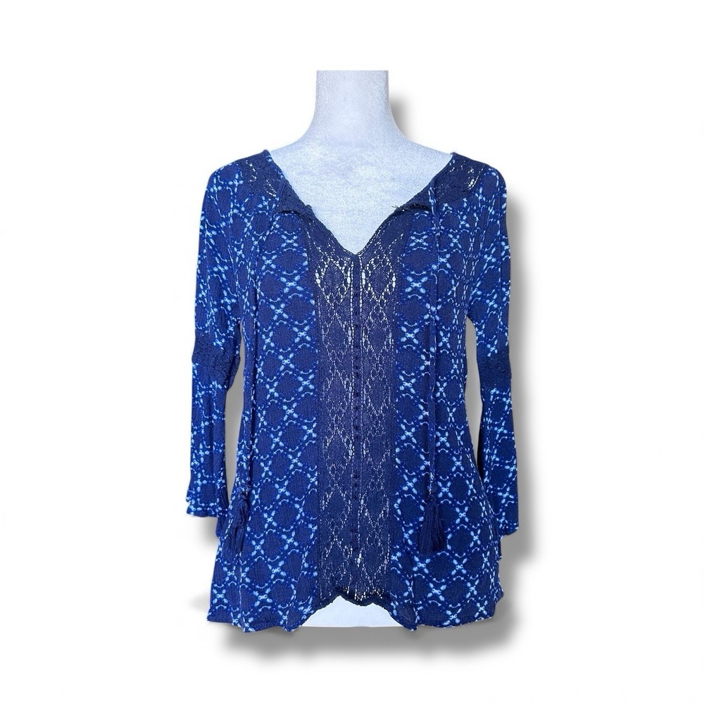 Jessica Simpson Alaya Blue Lace Knit Boho Top XXS V Neck‎ Crochet Cottagecore